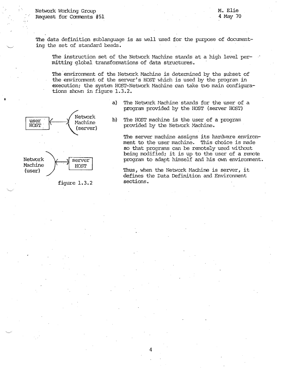Page 4: Network vlorking Group M. Elie
Request for Carments #51 4 May 70
The data definition sublanguage is as wel.L used for the purpose of documenb
ing the set of s'candard beads.
The instruction set of the Net\'.Drk Machine stands at a high level per
mitting global transfonnations of data structures.
The ' envirorment of the Neu-x:>rk Machine is detennined by the subset; of
the environuent of the server I s HOST \'mch is used by the program in
execution; the systen HOST-Netv..-ork Naclllne can take bo-:o main configura
tions shown in figure 1. 3.2. .
• a) The Neuvork Hach.ine · stands for the user of a
pro:;ram provided by t;he HOST (server HOST) '
b) The HOST machine is the user of a proqram
~f-(--/f~=~~ provided by the Neb-lOrk Machine.
~ ~server) The server machine assigns its hardware .environ
ment to the user machine. This choice is made
so tf'l.at prcgrams can be ranotely used without
Network
Machine
(user)
bei.ng- mcx1if ied; it is up to the user of a remote
program to adapt himself and his own environnent.
Thus, when the Network Machine is server, it
defines the Data Definition and Environrrent
sections.figure 1. 3.2
4