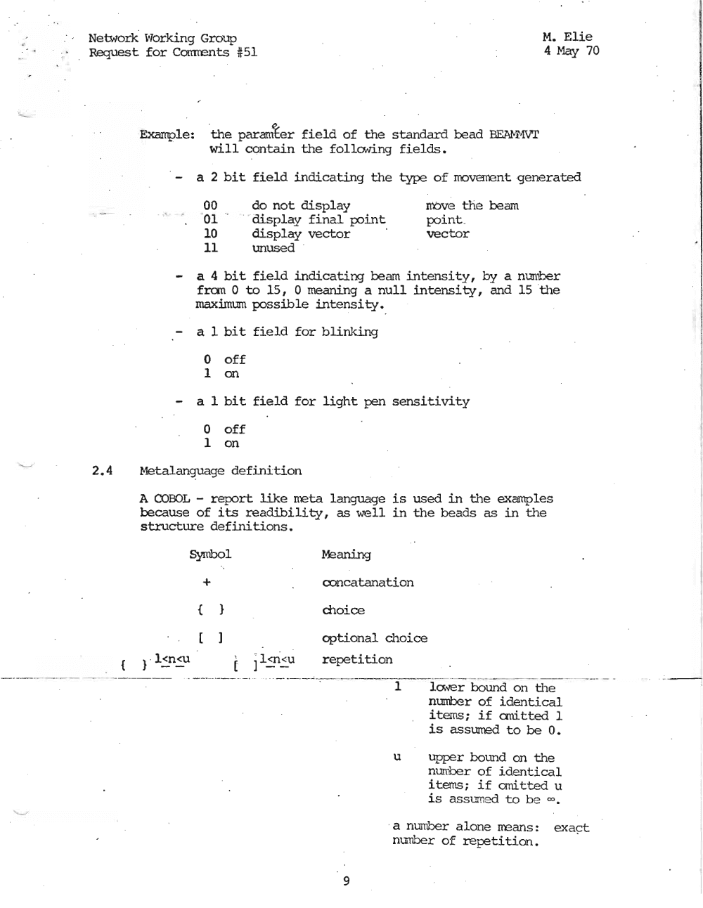 Page 9: Network Working Group
.' ReqUest for Connents #51
Example: "the par~er field of the standard bead BEN-NVr
will contain the follcMing fields.
M. Elie
4 May 70
- a 2 bit field indicating the type of moverrent generated
00
01
10
11
do not display
". display final point
display vector
unused
nove the beam
point .
vector
- a 4 bit field indicating beam intensity, by a nun:ber
fran 0 to 15, 0 meaning a null intensity, and 15 the
maximum possible intensity.
- a 1 bit field for blinking
o off
1 an
- a 1 bit field for light pen sensitivity
o off
1 on
2.4 Metalanguage definition
A COBOL - report like rreta language is used in the examples
because of its readibility, as well in the beads as in the
structure definitions.
Symbol
+
Meaning
concatanation
{ }
[ ]
choice
optional choice
repetition
1
- - --- - - - -- _. -- - -- ~ - - - - -- - _... ._ -- -_._ - _._ -- - ---- -_ ._._- --- - -- - - . _ -~ - - - - - ---- _._- -
laver bound on the
number of identical
items; if anitted 1
is assumed to be O.
u upper bound on the
nurrber of identical
iterns; if anitted u
is ass umed to be 00 •
.a number alone rreans: exact;
nU1lber of repeti lion.
9